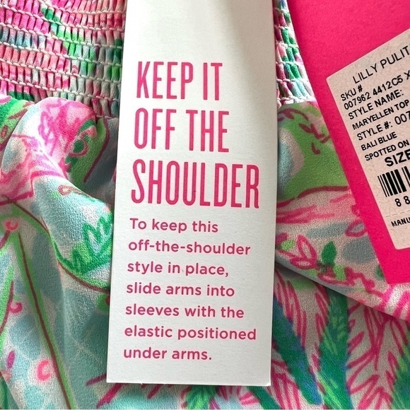 Lilly Pulitzer Maryellen Off shoulder top Spotted On Worth Bali Blue Size XS NEW - Picture 10 of 12